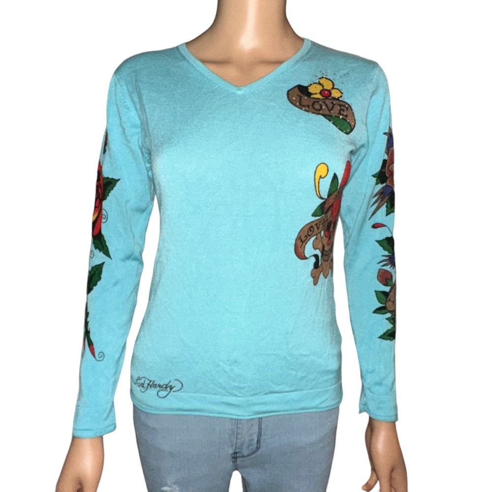 Ed Hardy Love Kills Slowly rhinestone V neck sweater